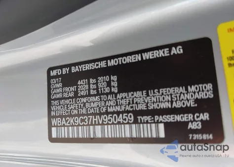 2017 BMW 230I z USA, uszkodzony, nr VIN WBA2K9C37HV950459